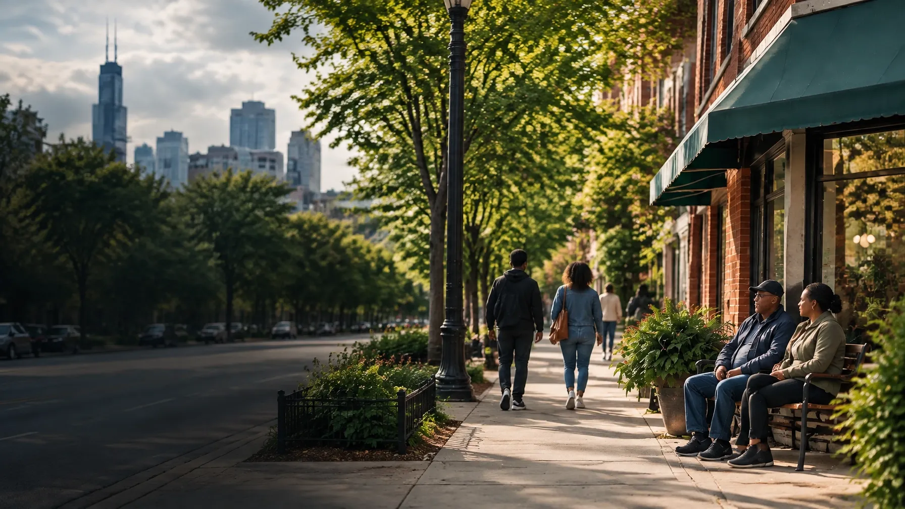 A tree-lined neighborhood street with brick buildings and neighbors spending time outside.