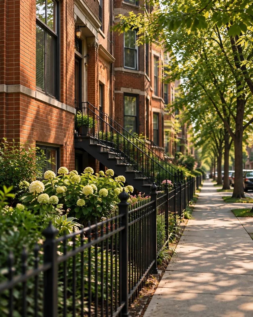 A quiet neighborhood sidewalk bordered by brick homes, trees, and gardens.